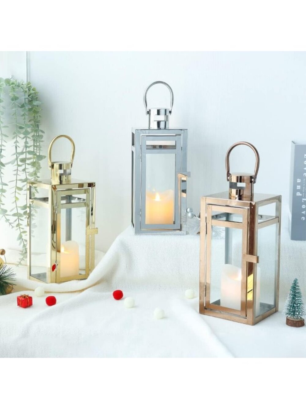 New Rose Gold 12 Inch Stainless Steel Metal Candle Lantern Glass Panel Decor - Picture 5 of 6